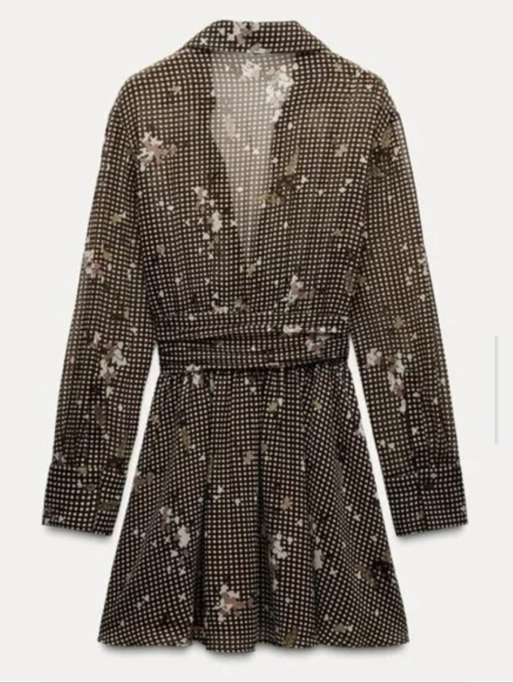 ZARA Brown Floral Gingham Long-Sleeve V-NECK A-Line Dress - Picture 7 of 16
